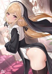 Rule 34 | 1girl, arched back, ass, black dress, black ribbon, black thighhighs, blonde hair, blush, dress, elf, frills, habit, hair ribbon, highres, indoors, interlocked fingers, long hair, long sleeves, looking at viewer, low twintails, nun, own hands clasped, own hands together, pelvic curtain, pointy ears, praying, red eyes, ribbon, sennen sensou aigis, sidelocks, solo, swept bangs, tamakaga, thighhighs, thighs, twintails, tytto (sennen sensou aigis), window