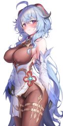 Rule 34 | 1girl, ahoge, armpits, bad id, bad pixiv id, bare shoulders, bell, black gloves, blue hair, blush, bodystocking, bodysuit, breasts, brown legwear, brown leotard, cameltoe, chinese knot, clothes lift, commentary request, covered erect nipples, covered navel, crotch, detached sleeves, embarrassed, flower knot, ganyu (genshin impact), genshin impact, gloves, gold trim, harusame (user wawj5773), highres, horns, leotard, leotard under clothes, lifting own clothes, long hair, looking at viewer, low ponytail, medium breasts, neck bell, pelvic curtain, purple eyes, sideboob, sidelocks, skin tight, solo, standing, very long hair, vision (genshin impact), waist cape, white background, white sleeves