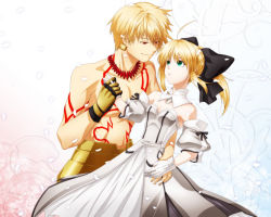 Rule 34 | 1boy, 1girl, ahoge, armor, artoria pendragon (fate), bare shoulders, blonde hair, bow, capcom, detached sleeves, fate/stay night, fate/unlimited codes, fate (series), gauntlets, gilgamesh (fate), gloves, green eyes, hair bow, jewelry, necklace, ponytail, red eyes, saber (fate), saber lily, short hair, tacho