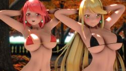 Rule 34 | 2girls, 3d, armpits, arms behind head, arms up, artist request, bikini, black bikini, blonde hair, bra, breasts, cleavage, dual persona, earrings, female focus, forest, jewelry, large breasts, long hair, matching hair/eyes, micro bikini, mikumikudance (medium), multiple girls, multiple persona, mythra (xenoblade), nature, navel, nintendo, outdoors, pyra (xenoblade), red bikini, red eyes, red hair, sand, short hair, sideboob, smile, swimsuit, tree, underboob, underwear, very long hair, xenoblade chronicles (series), xenoblade chronicles 2, yellow eyes