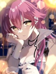 Rule 34 | 1girl, breasts, cleavage cutout, clothing cutout, double-parted bangs, eiyuu densetsu, hair between eyes, indoors, jacket, jewelry, large breasts, looking at viewer, natsusechoco, necklace, pink hair, ponytail, portrait, sara valestein, sen no kiseki, solo, sparkle, upper body, yellow eyes