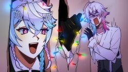 Rule 34 | 2boys, black gloves, blue hair, christmas, christmas lights, commentary, english commentary, gavis bettel, gloves, grey hair, hair between eyes, hairpin, half gloves, here&#039;s johnny! (meme), holding, holostars, holostars english, looking at another, male focus, medium hair, meme, multicolored hair, multiple boys, multiple hairpins, nikatheworm, octavio, open mouth, pink eyes, pink hair, scared, scene reference, screaming, shaded face, shaking, shirt, sketch, swept bangs, the shining, tri braids, virtual youtuber, white shirt
