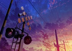 Rule 34 | cloud, cloudy sky, commentary request, evening, mocha (cotton), night, night sky, no humans, original, outdoors, power lines, railroad crossing, scenery, sky, star (sky), starry sky, utility pole