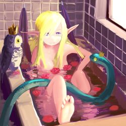 Rule 34 | 1girl, animal, bad id, bad pixiv id, barefoot, bath, bathroom, bathtub, bird, blonde hair, blue eyes, breasts, cleavage, crown, demon girl, demon wings, elbow rest, feet, flower, highres, indoors, lilith (p&amp;d), long hair, long pointy ears, medium breasts, multicolored eyes, no nose, nude, owl, partially submerged, pointy ears, purple eyes, purple wings, puzzle &amp; dragons, rose, slit pupils, smile, snake, solo, spikes, submerged, tile wall, tiles, toes, uni ponsuka, uniponsuka, window, wings, yellow eyes