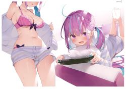 Rule 34 | 1girl, absurdres, ahoge, bra, braid, breasts, cleavage, colored inner hair, fingernails, gaou (umaiyo puyoman), gradient background, handheld game console, highres, holding, hololive, huge filesize, long hair, lying, minato aqua, multicolored hair, multiple views, nail polish, on stomach, purple eyes, purple hair, scan, the pose, twintails, two-tone hair, underwear, virtual youtuber, white background