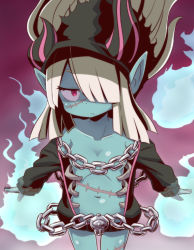 Rule 34 | 1girl, black hat, black jacket, blue skin, breasts, chain, closed mouth, collarbone, colored skin, commentary request, convenient censoring, cowboy shot, etrian odyssey, fake horns, floating hair, hair over one eye, hat, horned headwear, horns, jacket, jitome, long sleeves, naga u, navel, necromancer (sekaiju), off shoulder, open clothes, open jacket, pointy ears, red eyes, skull, sleeves past wrists, small breasts, solo, spirit, stitches