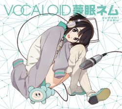 Rule 34 | 1girl, album cover, black hair, brown eyes, character name, copyright name, cover, hands in opposite sleeves, headphones, highres, horiguchi yukiko, jacket, letterman jacket, looking at viewer, microphone, official art, oversized clothes, ribbed legwear, shoes, short hair, shorts, sitting, sleeves past wrists, smile, solo, tanuki, tanuqn, thighhighs, vocaloid, yumemi nemu