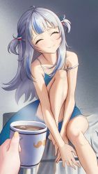 Rule 34 | 1girl, absurdres, bare arms, bare legs, barefoot, bed, bed sheet, blue camisole, blue shorts, camisole, closed eyes, coffee, coffee mug, collarbone, cup, flat chest, gawr gura, gradient background, highres, hololive, hololive english, jedd (jeddisorange), knee up, light blush, long hair, mug, multicolored hair, mustache print, on bed, pov, short shorts, shorts, sitting, smile, strap slip, streaked hair, twintails, virtual youtuber, watson amelia, white hair