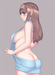 Rule 34 | 10s, 1girl, aran sweater, ass, backless outfit, bare arms, bare back, bare shoulders, blue eyes, blue sweater, blush, breasts, brown hair, butt crack, cable knit, cowboy shot, drawstring, from behind, grey background, hairband, highres, idolmaster, idolmaster cinderella girls, large breasts, legs together, long hair, looking at viewer, looking back, meme attire, naked sweater, no bra, no panties, profile, ribbed sweater, sagisawa fumika, sideboob, simple background, solo, standing, sweater, toniwing, virgin killer sweater