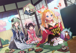 Rule 34 | 3girls, animal ears, apron, black eyes, black hair, blonde hair, blue archive, blue eyes, breasts, cleavage, cup, cushion, dog ears, food, forehead, green hair, halo, hiyo kiki, japanese clothes, kimono, large breasts, maid, maid headdress, multiple girls, notice lines, official art, open mouth, pina (blue archive), pink kimono, plate, shizuko (blue archive), smile, speech bubble, teacup, thighhighs, umika (blue archive), wa maid, watching television, white apron, white thighhighs