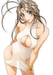 Rule 34 | 1girl, aa megami-sama, areola slip, belldandy, blue eyes, bracelet, breasts, brown hair, cleavage, cleavage cutout, clothing cutout, dress, facial mark, forehead mark, halterneck, jewelry, joy division, large breasts, see-through, short dress, solo