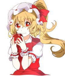 Rule 34 | 1girl, absurdres, apple, blonde hair, bow, bowtie, closed mouth, collared shirt, commentary request, dress, fingernails, flandre scarlet, food, fruit, hair between eyes, hands up, hat, hat bow, highres, long fingernails, looking at viewer, mob cap, nail polish, ponytail, puffy short sleeves, puffy sleeves, red bow, red bowtie, red dress, red eyes, red nails, sasaki sakiko, shirt, short hair, short sleeves, side ponytail, simple background, smile, solo, standing, touhou, white background, white hat, white shirt, wrist cuffs