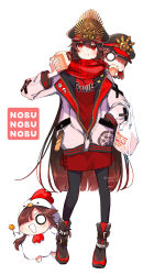 Rule 34 | 1girl, alternate costume, black hair, black pantyhose, blush, crest, eating, family crest, fate/grand order, fate (series), hair between eyes, hat, highres, holding, jacket, long hair, long sleeves, looking at viewer, medallion, military hat, mini nobu (fate), oda nobunaga (fate), oda nobunaga (koha-ace), oda uri, open clothes, open jacket, pantyhose, peaked cap, red eyes, shoes, solo, twitter username, very long hair, yui (tamagohan)