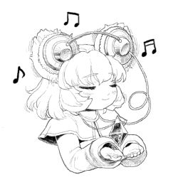 Rule 34 | 1girl, animal ears, beamed quavers, capelet, closed eyes, crystal, greyscale, headphones, jewelry, monochrome, mouse ears, music, musical note, nazrin, pendant, quaver, short hair, simple background, sketch, smile, solo, touhou, yonaki, zun (style)