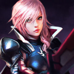 Rule 34 | 10s, 1girl, armor, blue eyes, chromatic aberration, final fantasy, final fantasy xiii, ilya kuvshinov, lightning farron, lips, long hair, looking at viewer, pink hair, popped collar, revision, simple background, smile, solo, sword, upper body, weapon