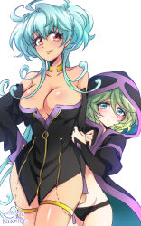 Rule 34 | 2girls, absurdres, ahoge, bare shoulders, black panties, blue hair, blush, breasts, cagliostro (symphogear), choker, cleavage, cloak, closed mouth, collarbone, commentary request, dated, detached sleeves, elfnein, green hair, highres, hood, hooded cloak, kiraki, large breasts, lips, long hair, long sleeves, looking at viewer, multiple girls, panties, red eyes, senki zesshou symphogear, short hair, simple background, smile, standing, thigh strap, underwear, white background