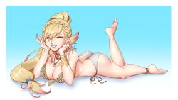 Rule 34 | 1girl, aged up, ass, bare legs, barefoot, bikini, blonde hair, braid, breasts, butt crack, cleavage, cleru (cleruuuuu), fire emblem, fire emblem heroes, green eyes, grey bikini, grin, highres, large breasts, long hair, lying, multicolored hair, nintendo, official alternate costume, on stomach, ponytail, sharena (fire emblem), smile, solo, swimsuit, the pose