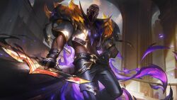 Rule 34 | 1boy, abs, black gloves, black pants, cropped jacket, dark-skinned male, dark skin, fingerless gloves, gloves, glowing, glowing eyes, grey hair, highres, league of legends, looking at viewer, male focus, mask, mouth mask, muscular, muscular male, navel, official art, pants, pyke (league of legends), short hair, shoulder plates, soul fighter pyke, standing, stomach, weapon