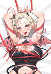 Rule 34 | 1girl, absurdres, arms up, bdsm, bed sheet, black choker, black leotard, blonde hair, bob cut, bondage, bound, bound arms, breasts, choker, cleavage, cleavage cutout, clothing cutout, cropped torso, demon tail, demon wings, ear piercing, earrings, hair ornament, hairclip, highres, horns, jewelry, large breasts, leotard, light frown, looking at viewer, medium hair, navel, navel cutout, original, piercing, pink eyes, pink nails, piyo (pixiv 2308057), red ribbon, ribbon, tail, tongue, tongue out, wings