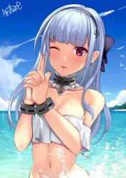Rule 34 | 1girl, ;d, anchor choker, azur lane, bare shoulders, bikini, bird, blue sky, blunt bangs, blush, bow, bracelet, breasts, choker, cleavage, cloud, collarbone, commentary request, day, detached sleeves, dido (azur lane), earrings, finger gun, fingernails, frilled choker, frills, hair bow, hairband, headband, heart, heart earrings, highres, jewelry, lace-trimmed hairband, lace trim, large breasts, long fingernails, long hair, looking at viewer, midriff, nail polish, navel, ocean, one eye closed, open mouth, outdoors, own hands together, pink nails, purple eyes, purple headband, shaketarako, signature, silver hair, sky, smile, solo, standing, strapless, strapless bikini, swimsuit, upper body, waves, white bikini, white sleeves
