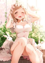 Rule 34 | 1girl, ;d, animal, arm up, bird, blurry, blurry background, blush, breasts, brick wall, brown eyes, collarbone, commentary request, depth of field, dress, flower, flying, hair flower, hair ornament, hand up, highres, idolmaster, idolmaster shiny colors, kinako (shiratama mochi), light brown hair, looking at viewer, medium breasts, one eye closed, open mouth, panties, petals, pink panties, rabbit, sakuragi mano, signature, sitting, smile, solo, twitter username, underwear, white dress, white flower