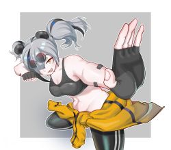 Rule 34 | 1girl, :d, absurdres, animal ears, arknights, bare arms, bare shoulders, black gloves, black hair, black pants, breasts, cleavage, clenched hand, clothes around waist, commentary, crop top, eyewear on head, fang, feater (arknights), feater (dojo star) (arknights), fighting stance, fingerless gloves, foreshortening, gloves, grey background, guyue, highres, jacket, jacket around waist, leggings, looking at viewer, medium breasts, midriff, multicolored hair, navel, official alternate costume, open mouth, panda ears, pants, short hair, silver hair, smile, solo, sports bra, stomach, streaked hair, sunglasses on head, thick eyebrows, thighs, twintails, two-tone background, white background, yellow eyes, yellow jacket