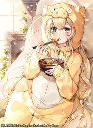 Rule 34 | 1girl, :o, ahoge, animal costume, artist name, black socks, blonde hair, blush, bowl, cauldron, chopsticks, copyright name, day, eating, fang, fireplace, flying sweatdrops, food, grey eyes, hair ornament, highres, holding, holding bowl, holding chopsticks, indoors, light particles, long hair, long sleeves, looking at viewer, mo:oku, official art, open mouth, pig costume, pig hair ornament, shrimp, sitting, sleeves past wrists, socks, solo, soup, steam, sweat, thigh gap, unleashed, very long hair, window
