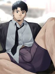 Rule 34 | 1boy, bara, black hair, black necktie, black suit, boxers, bulge, collared shirt, erection, erection under clothes, unworn eyewear, facial hair, feet out of frame, foreshortening, formal, frown, glasses, goatee, goburin second, grey male underwear, highres, leg hair, long sideburns, looking at viewer, loose necktie, male focus, male underwear, mature male, midriff peek, muscular, muscular male, navel hair, necktie, no pants, original, paid reward available, shirt, short hair, sideburns, solo, spread legs, striped suit, suit, thick eyebrows, thick thighs, thighs, underwear