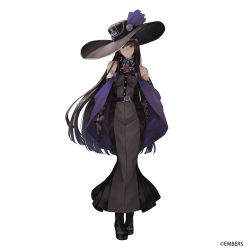 Rule 34 | 1girl, ash arms, bare shoulders, belt, black dress, black footwear, black hair, black headwear, boots, closed mouth, dress, grey eyes, highres, kaoming, large hat, long hair, looking at viewer, simple background, solo, very long hair, white background