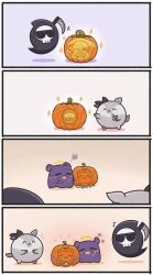 Rule 34 | 3others, 4koma, absurdres, bandaid, bazo (vestia zeta), carving, cat, chibi, comic, commentary, crossover, dagger, death-sensei (mori calliope), eighth note, english commentary, fang, halo, highres, hololive, hololive english, hololive indonesia, jack-o&#039;-lantern, james bond (series), knife, medal, mpien, multiple others, musical note, octopus, open mouth, pumpkin, sans (undertale), scythe, silent comic, skeleton, skull, smile, sunglasses, sweatdrop, takodachi (ninomae ina&#039;nis), undertale, virtual youtuber, weapon