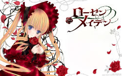 Rule 34 | 1girl, blonde hair, blue eyes, bonnet, copyright name, dress, flower, frills, highres, lolita fashion, official art, official wallpaper, parted lips, peach-pit, red flower, red rose, rose, rozen maiden, shinku, solo, thorns, twintails, wallpaper