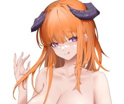 Rule 34 | 1girl, :q, arknights, bagpipe (arknights), bare shoulders, breasts, cleavage, collarbone, commentary, hand up, head tilt, horns, large breasts, long hair, looking at viewer, lumc, orange hair, purple eyes, simple background, smile, solo, tongue, tongue out, upper body, white background