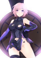 Rule 34 | 1girl, :o, armor, armpits, bad id, bad pixiv id, bare shoulders, black leotard, blush, breasts, broken armor, cowboy shot, elbow gloves, eyes visible through hair, fate/grand order, fate (series), gloves, gluteal fold, groin, hair over one eye, highres, jilu, leotard, looking at viewer, mash kyrielight, medium breasts, navel, parted lips, pink hair, purple eyes, purple gloves, shield, short hair, simple background, solo, thigh strap, torn clothes, torn leotard, white background, wrist guards