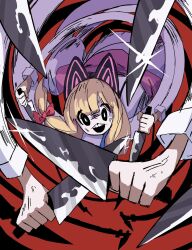 Rule 34 | 1girl, :3, anatomical nonsense, anger vein, animal ears, black background, black eyes, blonde hair, blue archive, blunt bangs, bow, bright pupils, cat ears, commentary request, crossed knives, dr yamero, extra arms, fake animal ears, glint, hair bow, highres, holding, holding knife, jacket, kitchen knife, knife, long arms, long hair, long sleeves, momoi (blue archive), motion lines, open mouth, red background, red bow, reverse grip, shaded face, shirt, silhouette, solo, teeth, too many hands, two-tone background, upper teeth only, white jacket, white pupils, white shirt