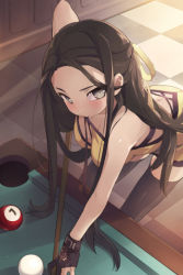 Rule 34 | 1girl, ball, bare shoulders, billiard ball, billiards, black hair, black thighhighs, blush, bow, breasts, btoor, cue stick, fingerless gloves, gloves, grey eyes, hair ribbon, half updo, hanging breasts, holding, layna scentriver, leaning forward, long hair, looking at viewer, looking up, lowres, pool table, ribbon, solo, stick, sword girls, table, thighhighs, wardrobe malfunction