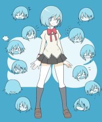 Rule 34 | &gt;:(, +++, 1girl, :d, :o, puff of air, ^^^, ^ ^, annoyed, arms at sides, black skirt, black socks, blank eyes, blue background, blue eyes, blue hair, blue theme, blush, closed eyes, crying, expressionless, expressions, eyes visible through hair, full body, hair between eyes, hair ornament, hairclip, head tilt, loafers, long sleeves, looking away, mahou shoujo madoka magica, mahou shoujo madoka magica (anime), miki sayaka, mitakihara school uniform, nervous, no eyes, open mouth, pleated skirt, pokki (sue eus), red ribbon, ribbon, sad, school uniform, shoes, short hair, simple background, skirt, smile, sobbing, socks, solo, standing, surprised, swept bangs, tears, thighs, uniform