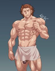 Rule 34 | 1boy, abs, bara, brown hair, chest hair, deliford, feet out of frame, flaccid, granblue fantasy, large pectorals, leg hair, long sideburns, looking at viewer, male focus, mature male, muscular, muscular male, naked towel, navel, nipples, official alternate costume, pectorals, penis, penis peek, revision, sauna, shirako (kirupi), short hair, sideburns, smile, solo, standing, stomach, sweat, thighs, topless male, towel, veins, wet