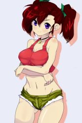 Rule 34 | 1girl, bakusou kyoudai let&#039;s &amp; go!!, bakusou kyoudai let&#039;s &amp; go!! max, blue eyes, cowboy shot, drop shadow, jewelry, midriff, navel, necklace, oogami marina, red hair, short shorts, shorts, simple background, smile, solo, tank top, twintails