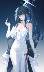 Rule 34 | 1girl, bare shoulders, blue archive, blue hair, bow, bowtie, breasts, cleavage, closed mouth, collarbone, colored inner hair, cosmetics, covered navel, dress, echj, elbow gloves, feet out of frame, gloves, gradient background, grey eyes, halo, hand up, highres, holding, holding lipstick tube, holster, knife, knife sheath, lipstick, lipstick tube, long hair, looking at viewer, makeup, multicolored hair, pink lips, ponytail, saori (blue archive), saori (dress) (blue archive), sheath, sheathed, side slit, sidelocks, smile, solo, strapless, strapless dress, thigh holster, white bow, white bowtie, white dress, white gloves