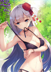 Rule 34 | 1girl, akanebi, alternate costume, arm under breasts, armpits, azur lane, bangle, bare shoulders, bikini, bikini in mouth, bikini tug, blue eyes, blush, bracelet, breasts, choker, cleavage, closed mouth, clothes in mouth, collarbone, day, flower, groin, hair flower, hair ornament, highres, jewelry, large breasts, long hair, looking at viewer, mole, mole under eye, mouth hold, nail polish, navel, outdoors, red nails, shoukaku (azur lane), side-tie bikini bottom, sidelocks, silver hair, skindentation, smile, solo, stomach, swimsuit, tree, untied bikini, wet