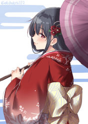Rule 34 | alternate costume, alternate hairstyle, back, black hair, blush, closed mouth, ebifurya, floral print, flower, fusou (kancolle), hair between eyes, hair flower, hair ornament, highres, japanese clothes, kantai collection, kimono, lips, long hair, long sleeves, looking at viewer, looking to the side, obi, oil-paper umbrella, red eyes, red flower, sash, simple background, smile, solo, twitter username, umbrella, upper body, white background, wide sleeves, yukata