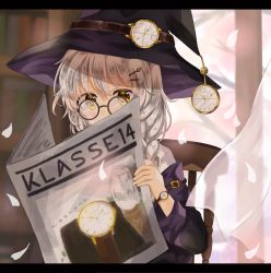 Rule 34 | 1girl, absurdres, black jacket, blush, chair, commentary request, curtains, glasses, hat, highres, jacket, long hair, looking at viewer, newspaper, original, shirt, sitting, solo, watch, white hair, white shirt, witch, witch hat, wristwatch, yellow eyes, yuno (suke yuno)