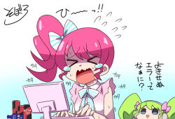 Rule 34 | &gt; &lt;, 2girls, blue ribbon, can, closed eyes, commentary request, drink can, energy drink, flying sweatdrops, frown, green hair, idol land pripara, keyboard (computer), korean commentary, long hair, mini falulu, monitor, multiple girls, neck ribbon, open mouth, pink hair, pretty series, pripara, ribbon, shaded face, side ponytail, sidelocks, smile, soboro (jitome dan), soda can, sophia-chan, sweat, syn sophia, tears, twintails, typing, upper body