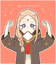 Rule 34 | 1girl, arms up, blonde hair, blue eyes, blush stickers, braid, braided ponytail, bread, bread slice, eating, english text, food in mouth, hair over shoulder, heart, hood, hood down, lilim (megido72), long hair, long sleeves, looking at viewer, megido72, mouth hold, outline, qwertyuiop12314, red background, solo, upper body, white outline