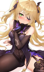Rule 34 | 1girl, bare shoulders, black dress, black gloves, blonde hair, blush, breasts, brown thighhighs, detached sleeves, dress, eyepatch, fischl (genshin impact), frills, fukuro daizi, garter straps, genshin impact, gloves, gluteal fold, green eyes, hair over one eye, hair ribbon, highres, long hair, long sleeves, looking at viewer, revealing clothes, ribbon, simple background, single glove, single leg pantyhose, single thighhigh, small breasts, solo, spread legs, thighhighs, thighs, two side up, white background