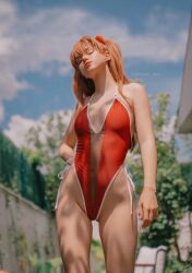 Rule 34 | 1girl, bare legs, bare shoulders, breasts, cleavage, closed eyes, cosplay, covered navel, cowboy shot, curvy, gluteal fold, hand on own hip, highleg, highleg swimsuit, highres, lips, long hair, medium breasts, neon genesis evangelion, one-piece swimsuit, orange hair, outdoors, photo (medium), pony, real life, red one-piece swimsuit, shirogane-sama, sky, souryuu asuka langley, souryuu asuka langley (cosplay), summer, sunlight, swimsuit, tree, twintails, two side up, very long hair, wide hips, wig