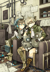 Rule 34 | ahoge, androgynous, black hair, blue eyes, blueprint (object), boots, brown eyes, couch, drawer, duster, expressionless, fingerless gloves, gears, gender request, gloves, goggles, grey hair, headphones, highres, kurodeko, looking at viewer, mechanical arms, mechanical legs, neckerchief, original, ponytail, prosthesis, robot, short hair, short ponytail, single mechanical arm, single mechanical leg, smile, steampunk, wrench