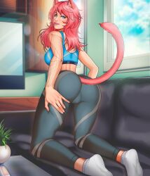 Rule 34 | animal ears, arm tattoo, ass, blue eyes, cat ears, cat girl, cat tail, clothes, hand on own ass, messy hair, non-web source, pants, pink hair, somiko147, sportswear, tail, tattoo, yoga pants
