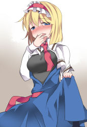 Rule 34 | 1girl, ^^^, alice margatroid, bad id, bad pixiv id, blonde hair, blue eyes, blush, breast hold, breasts, capelet, clothes lift, come hither, commentary request, covering own mouth, dress, dress lift, gradient background, hairband, hammer (sunset beach), looking at viewer, open clothes, open dress, open mouth, short hair, solo, touhou