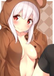 Rule 34 | 1girl, absurdres, animal hood, bear hood, black thighhighs, blush, breasts, breasts apart, brown background, checkered background, collarbone, highres, hood, hoodie, karutamo, looking at viewer, medium breasts, naked hoodie, navel, no bra, open clothes, open shirt, original, red eyes, shirt, smile, solo, thighhighs, tisshu (karutamo), unbuttoned, white hair